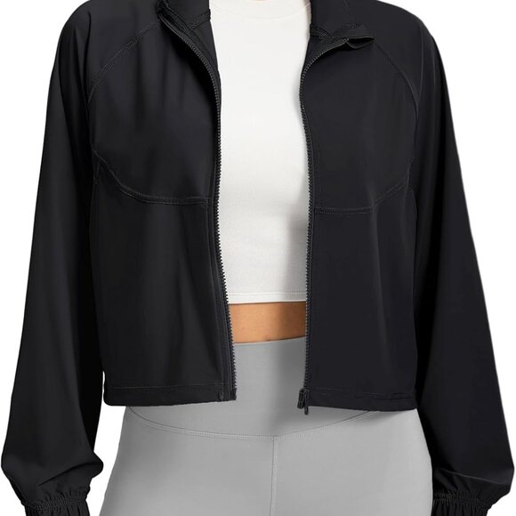 Jackets & Blazers - Women's Black Lightweight Cropped Athletic Jacket with UPF 50+ and Full Zip for